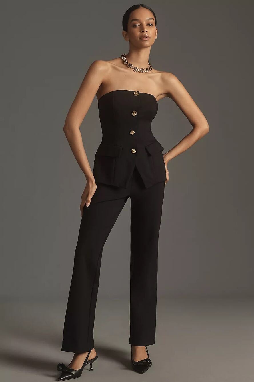 Anthropologie Maeve Womens Large Black Strapless Twofer Jumpsuit Gold Buttons